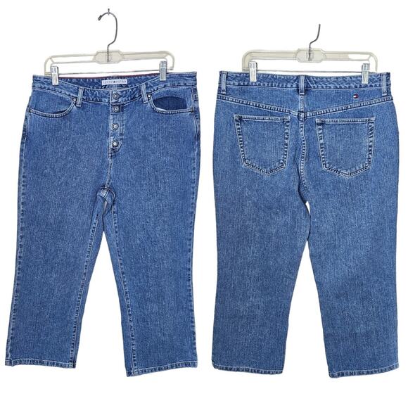 Vintage Y2K Tommy Hilfiger Button Fly Denim Jeans Cropped Short Capri Size 14 - Picture 1 of 16